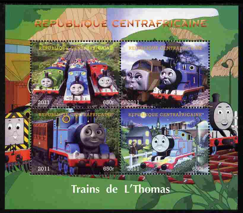 Central African Republic 2011 Thomas the Tank Engine perf sheetlet containing 4 values unmounted mint. Note this item is privately produced and is offered purely on its thematic appeal, stamps on railways, stamps on children, stamps on fairy tales, stamps on  tv , stamps on 