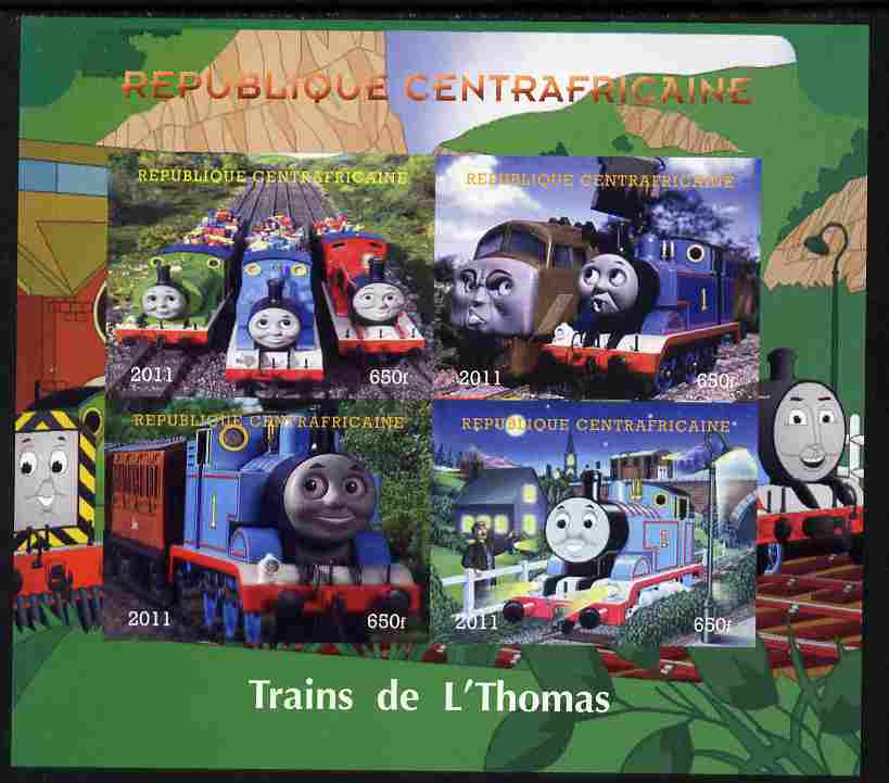 Central African Republic 2011 Thomas the Tank Engine imperf sheetlet containing 4 values unmounted mint. Note this item is privately produced and is offered purely on its thematic appeal, stamps on , stamps on  stamps on railways, stamps on  stamps on children, stamps on  stamps on fairy tales, stamps on  stamps on  tv , stamps on  stamps on 