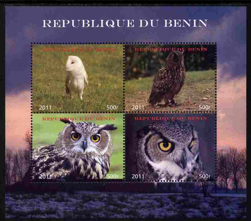 Benin 2011 Owls perf sheetlet containing 4 values unmounted mint. Note this item is privately produced and is offered purely on its thematic appeal, stamps on , stamps on  stamps on birds, stamps on  stamps on birds of prey, stamps on  stamps on owls