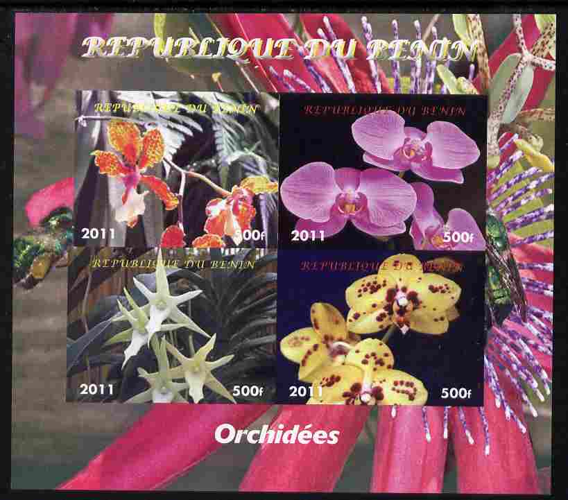 Benin 2011 Orchids imperf sheetlet containing 4 values unmounted mint. Note this item is privately produced and is offered purely on its thematic appeal, stamps on , stamps on  stamps on flowers, stamps on  stamps on orchids