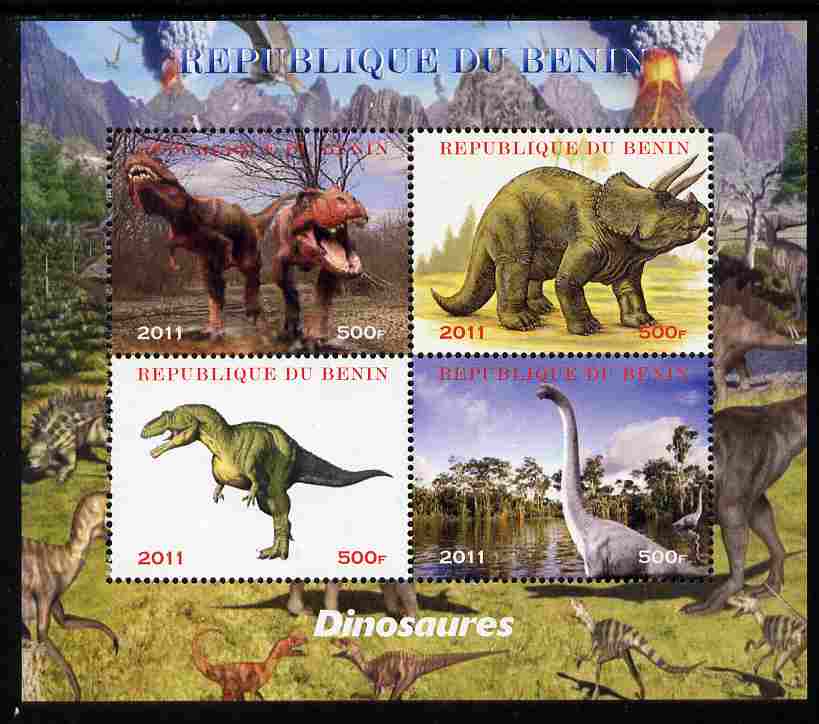 Benin 2011 Dinosaurs perf sheetlet containing 4 values unmounted mint. Note this item is privately produced and is offered purely on its thematic appeal, stamps on , stamps on  stamps on dinosaurs