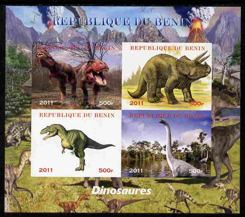Benin 2011 Dinosaurs imperf sheetlet containing 4 values unmounted mint. Note this item is privately produced and is offered purely on its thematic appeal, stamps on dinosaurs
