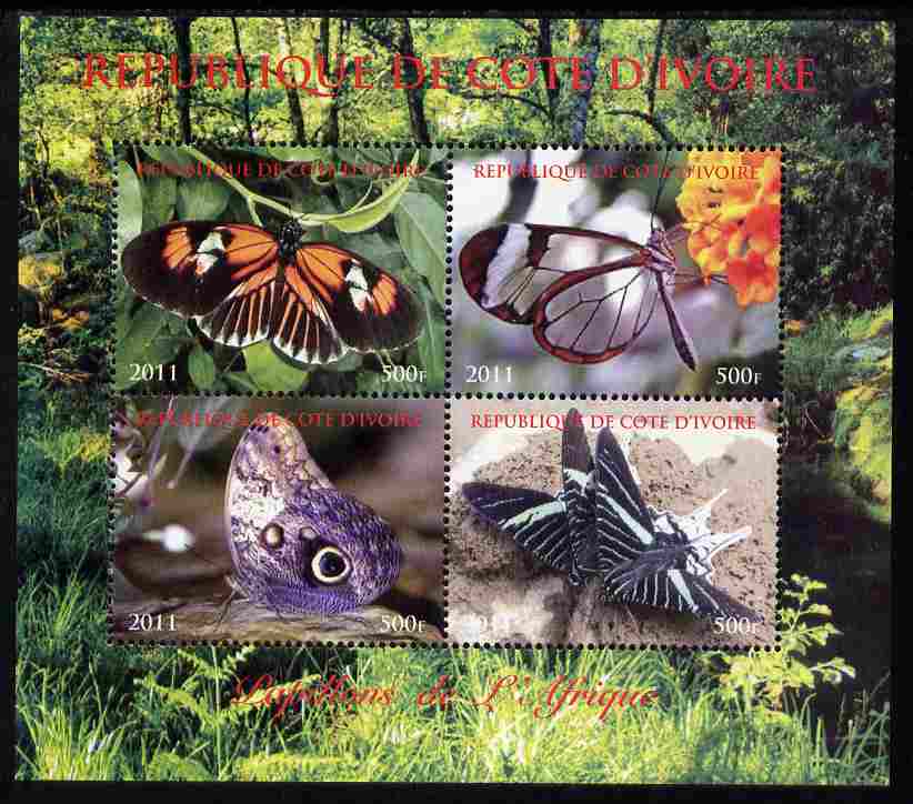 Ivory Coast 2011 Butterflies of Africa perf sheetlet containing 4 values unmounted mint. Note this item is privately produced and is offered purely on its thematic appeal, stamps on , stamps on  stamps on butterflies