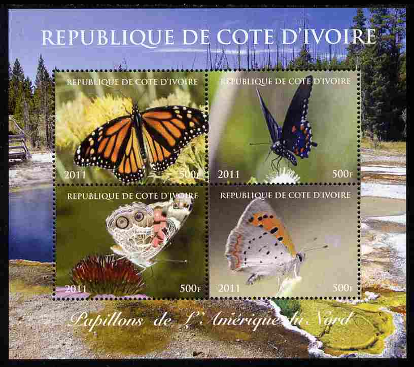 Ivory Coast 2011 Butterflies of North America perf sheetlet containing 4 values unmounted mint. Note this item is privately produced and is offered purely on its thematic..., stamps on butterflies