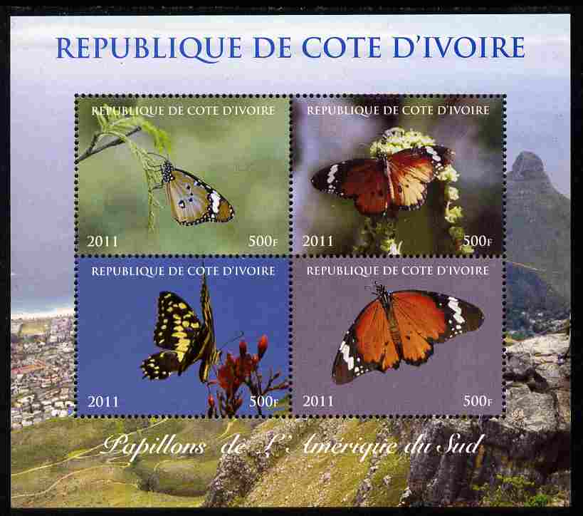 Ivory Coast 2011 Butterflies of South America perf sheetlet containing 4 values unmounted mint. Note this item is privately produced and is offered purely on its thematic..., stamps on butterflies