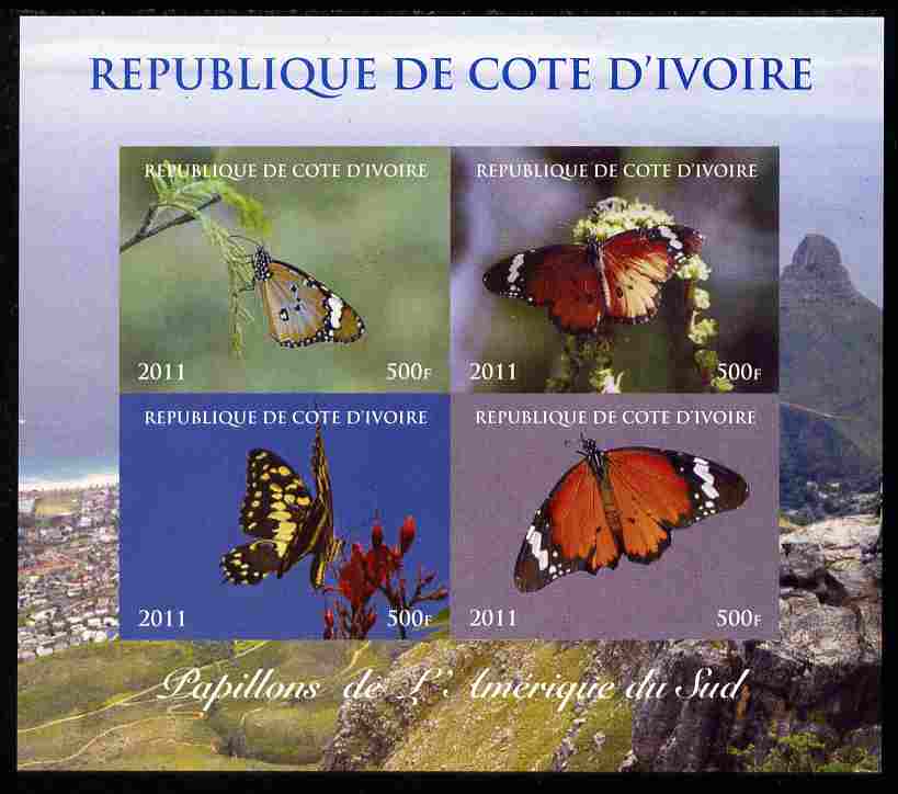 Ivory Coast 2011 Butterflies of South America imperf sheetlet containing 4 values unmounted mint. Note this item is privately produced and is offered purely on its thematic appeal, stamps on , stamps on  stamps on butterflies