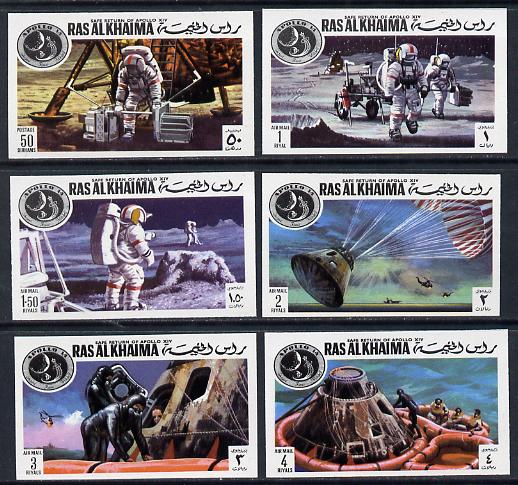 Ras Al Khaima 1972 Apollo 14 imperf set of 6 - one stamp shows Alan Shepherd with Golf Club (Mi 709-13B) unmounted mint, stamps on , stamps on  stamps on space, stamps on  stamps on helicopters, stamps on  stamps on parachutes, stamps on  stamps on golf