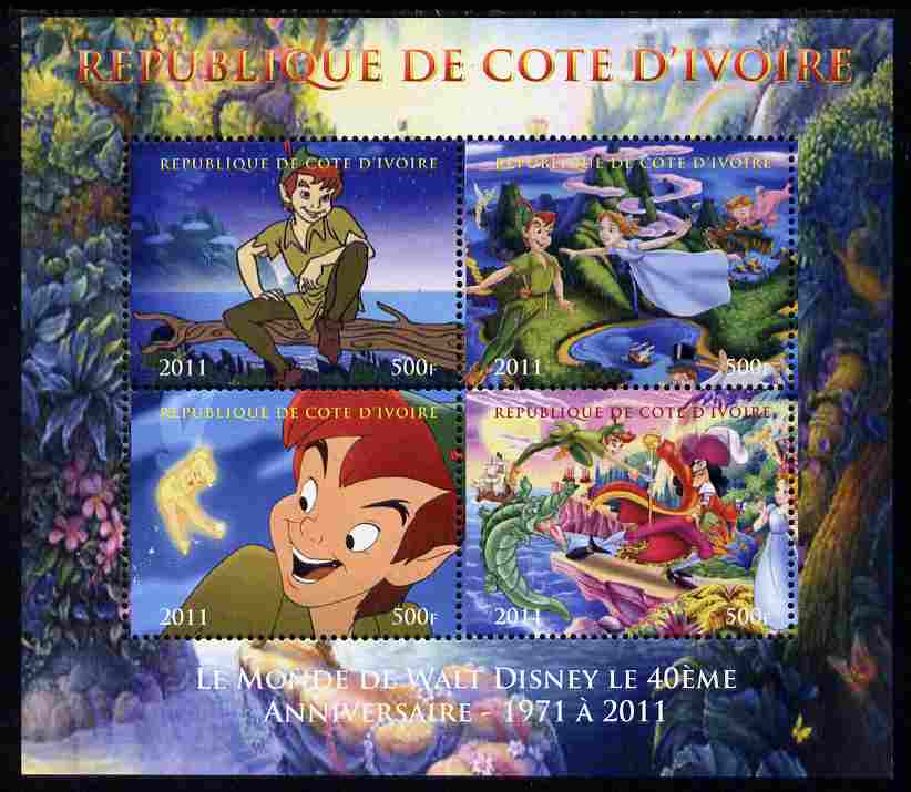 Ivory Coast 2011 The World of Walt Disney - Peter Pan perf sheetlet containing 4 values unmounted mint. Note this item is privately produced and is offered purely on its thematic appeal, stamps on disney, stamps on films, stamps on cinema, stamps on movies, stamps on cartoons, stamps on 