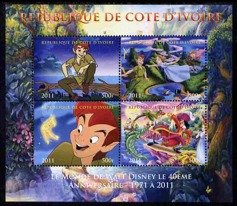 Ivory Coast 2011 The World of Walt Disney - Peter Pan perf sheetlet containing 4 values unmounted mint. Note this item is privately produced and is offered purely on its ..., stamps on disney, stamps on films, stamps on cinema, stamps on movies, stamps on cartoons, stamps on 