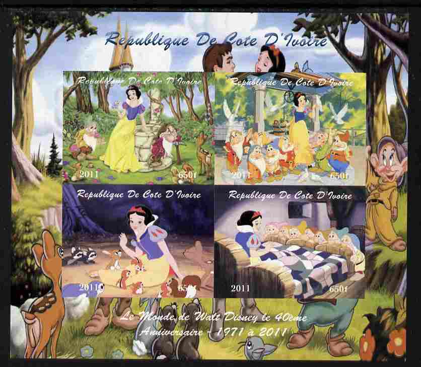 Ivory Coast 2011 The World of Walt Disney - Snow White imperf sheetlet containing 4 values unmounted mint. Note this item is privately produced and is offered purely on its thematic appeal, stamps on disney, stamps on films, stamps on cinema, stamps on movies, stamps on cartoons, stamps on 