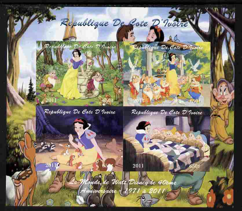 Ivory Coast 2011 The World of Walt Disney - Snow White imperf sheetlet containing 4 values unmounted mint. Note this item is privately produced and is offered purely on i..., stamps on disney, stamps on films, stamps on cinema, stamps on movies, stamps on cartoons, stamps on 