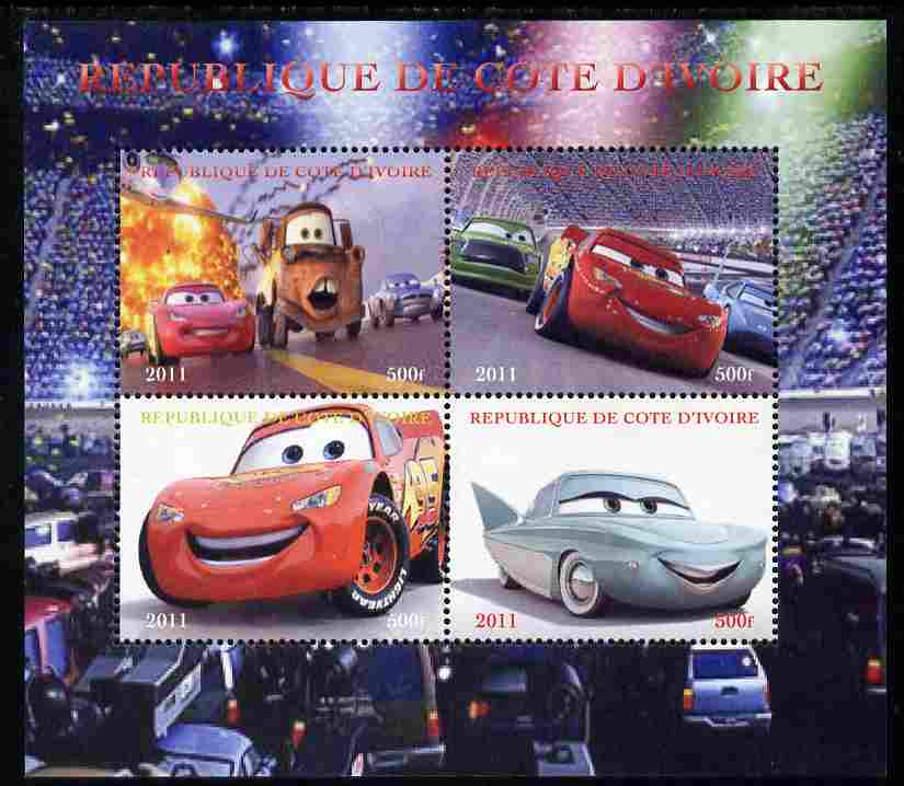 Ivory Coast 2011 Cars 2 perf sheetlet containing 4 values unmounted mint. Note this item is privately produced and is offered purely on its thematic appeal, it has no postal validity, stamps on , stamps on  stamps on disney, stamps on  stamps on films, stamps on  stamps on cinema, stamps on  stamps on movies, stamps on  stamps on cartoons, stamps on  stamps on cars