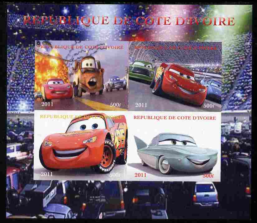 Ivory Coast 2011 Cars 2 imperf sheetlet containing 4 values unmounted mint. Note this item is privately produced and is offered purely on its thematic appeal, stamps on disney, stamps on films, stamps on cinema, stamps on movies, stamps on cartoons, stamps on cars