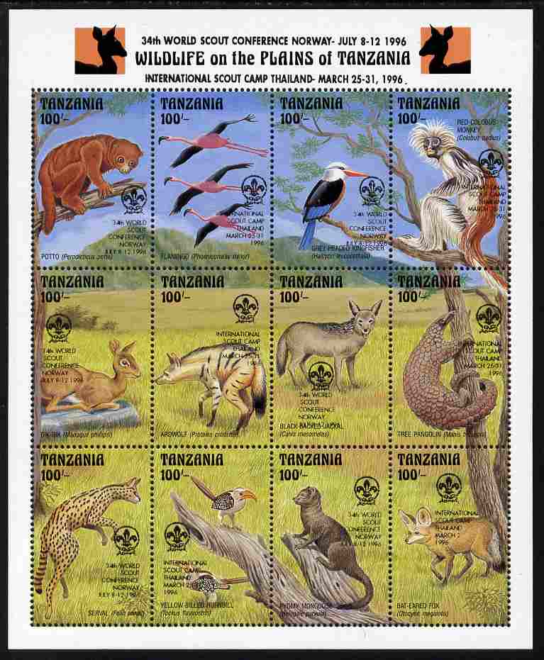 Tanzania 1996 World Scout Conference overprinted on 1993 Wildlife sheetlet of 16 values unmounted mint, stamps on , stamps on  stamps on scouts, stamps on  stamps on animals, stamps on  stamps on birds, stamps on  stamps on apes, stamps on  stamps on dogs, stamps on  stamps on cats, stamps on  stamps on foxes