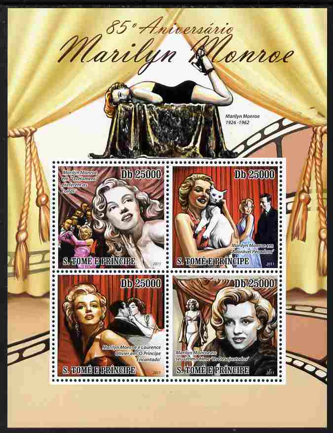 St Thomas & Prince Islands 2011 85th Birth Anniversary of Marilyn Monroe perf sheetlet containing 4 values unmounted mint, stamps on personalities, stamps on films, stamps on cinema, stamps on movies, stamps on music, stamps on marilyn, stamps on monroe