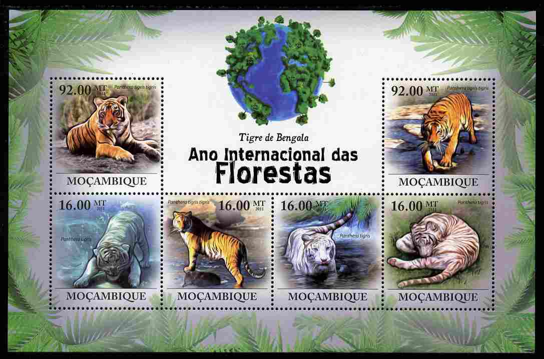 Mozambique 2011 International Year of Forests - Bengal Tigers perf sheetlet containing 6 values unmounted mint, stamps on , stamps on  stamps on forests, stamps on  stamps on trees, stamps on  stamps on animals, stamps on  stamps on tigers, stamps on  stamps on cats