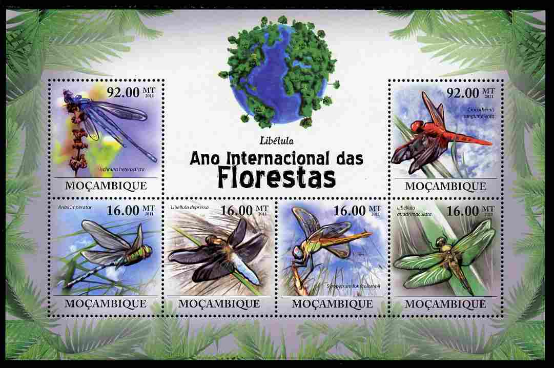 Mozambique 2011 International Year of Forests - Dragonflies perf sheetlet containing 6 values unmounted mint, stamps on forests, stamps on trees, stamps on insects, stamps on dragonflies