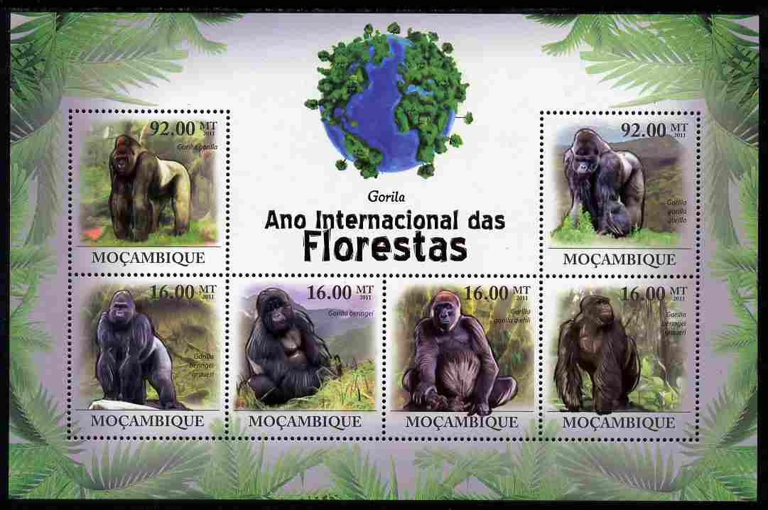 Mozambique 2011 International Year of Forests - Gorillas perf sheetlet containing 6 values unmounted mint, stamps on , stamps on  stamps on forests, stamps on  stamps on trees, stamps on  stamps on animals, stamps on  stamps on apes, stamps on  stamps on gorillas