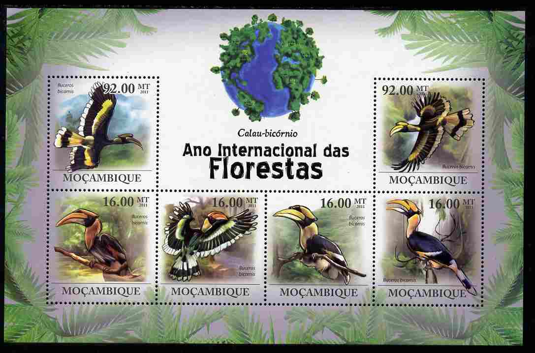 Mozambique 2011 International Year of Forests - Great Hornbill perf sheetlet containing 6 values unmounted mint, stamps on , stamps on  stamps on forests, stamps on  stamps on trees, stamps on  stamps on birds, stamps on  stamps on hornbills