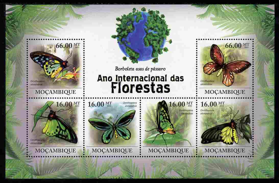 Mozambique 2011 International Year of Forests - Bird-Wing Butterflies perf sheetlet containing 6 values unmounted mint, stamps on forests, stamps on trees, stamps on butterflies