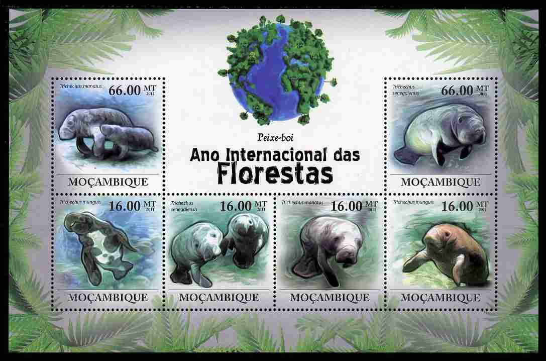 Mozambique 2011 International Year of Forests - Manatees perf sheetlet containing 6 values unmounted mint, stamps on , stamps on  stamps on forests, stamps on  stamps on trees, stamps on  stamps on animals, stamps on  stamps on marine life, stamps on  stamps on manatees