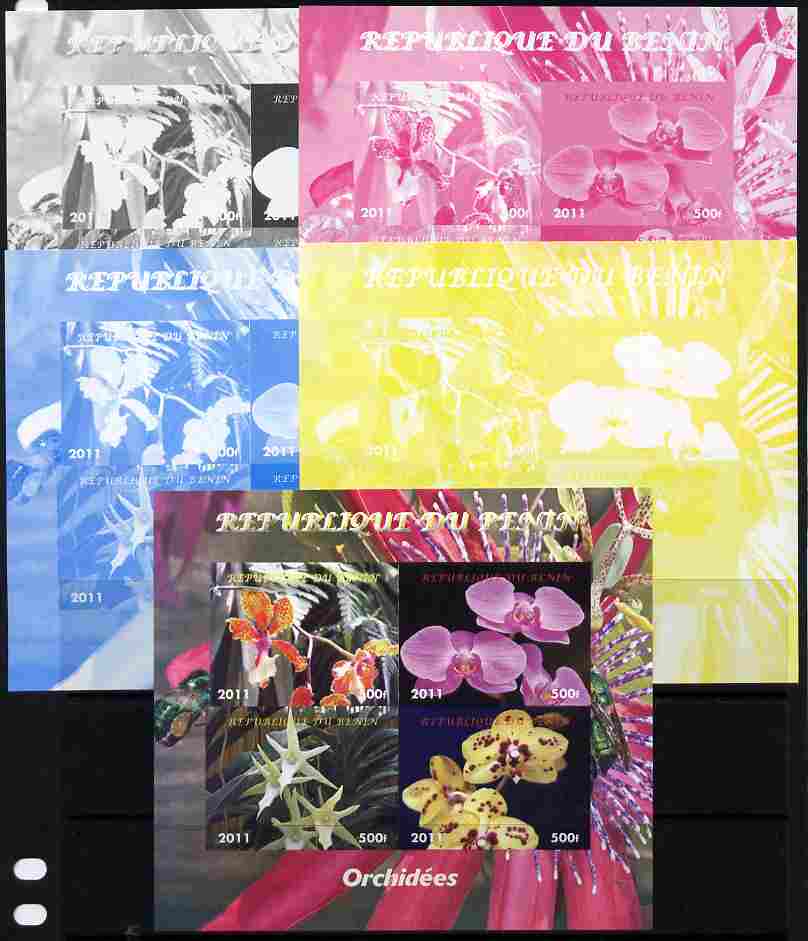 Benin 2011 Orchids sheetlet containing 4 values - the set of 5 imperf progressive proofs comprising the 4 individual colours plus all 4-colour composite, unmounted mint, stamps on flowers, stamps on orchids