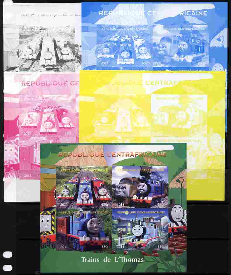 Central African Republic 2011 Thomas the Tank Engine sheetlet containing 4 values - the set of 5 imperf progressive proofs comprising the 4 individual colours plus all 4-colour composite, unmounted mint, stamps on railways, stamps on children, stamps on fairy tales, stamps on  tv , stamps on 