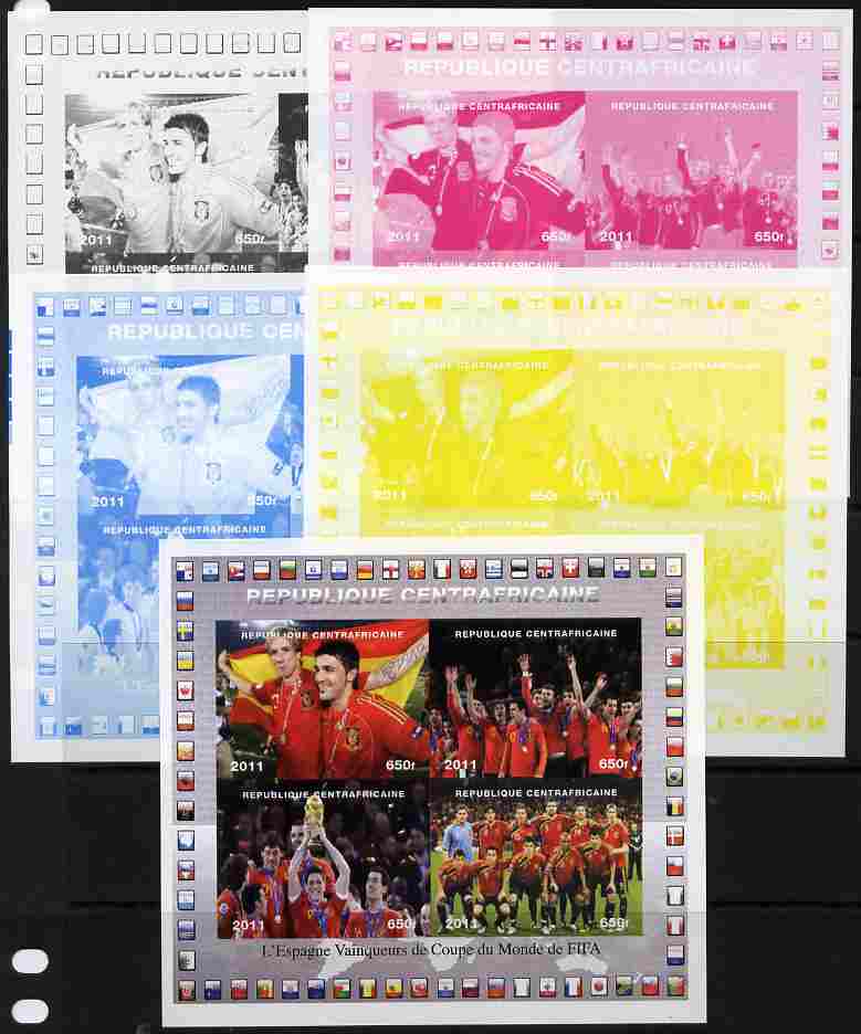 Central African Republic 2011 Football World Cup Winners - Spain sheetlet containing 4 values - the set of 5 imperf progressive proofs comprising the 4 individual colours plus all 4-colour composite, unmounted mint, stamps on , stamps on  stamps on football