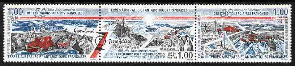 French Southern & Antarctic Territories 1997 50th Anniversary of First French Expedition se-tenant strip of 3 unmounted mint SG 374a, stamps on , stamps on  stamps on polar, stamps on  stamps on explorers, stamps on  stamps on transport, stamps on  stamps on penguins