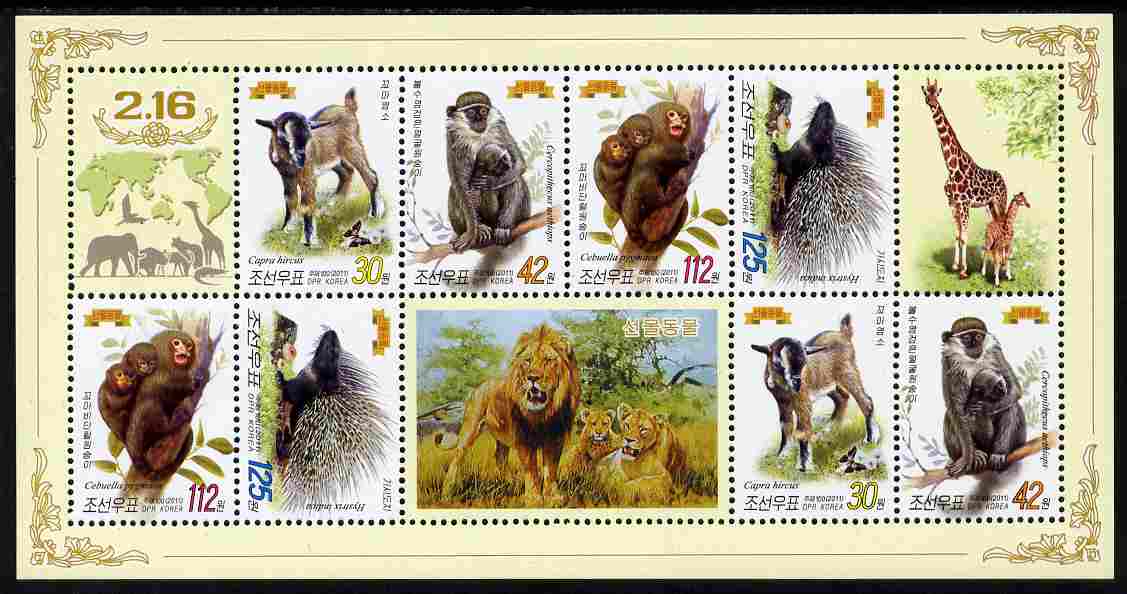 North Korea 2011 Animals perf sheetlet containing 8 values (2 sets of 4) plus labels unmounted mint, stamps on , stamps on  stamps on animals, stamps on  stamps on cats, stamps on  stamps on lions, stamps on  stamps on apes, stamps on  stamps on giraffes