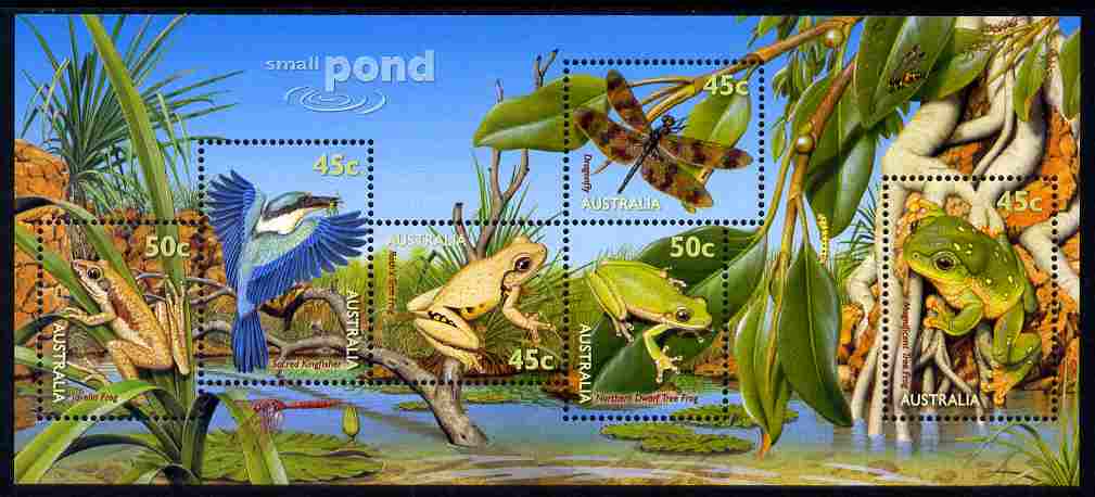 Australia 1999 Small Pond Life m/sheet unmounted mint, SG MS 1913, stamps on , stamps on  stamps on animals, stamps on  stamps on birds, stamps on  stamps on kingfishers, stamps on  stamps on frogs, stamps on  stamps on insects, stamps on  stamps on dragonflies, stamps on  stamps on holograms