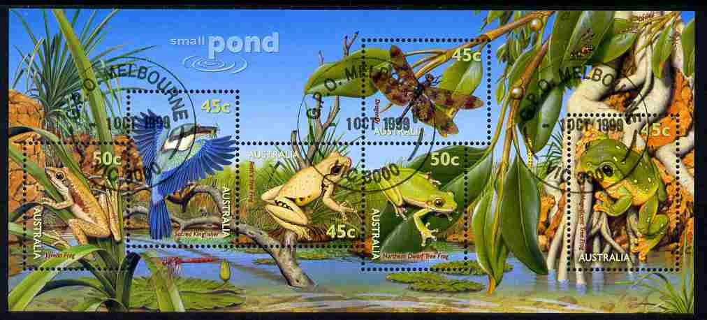 Australia 1999 Small Pond Life m/sheet fine cds used, SG MS 1913, stamps on , stamps on  stamps on animals, stamps on  stamps on birds, stamps on  stamps on kingfishers, stamps on  stamps on frogs, stamps on  stamps on insects, stamps on  stamps on dragonflies, stamps on  stamps on holograms