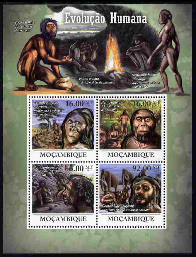 Mozambique 2011 Human Evolution perf sheetlet containing 4 values unmounted mint, stamps on dinosaurs, stamps on 