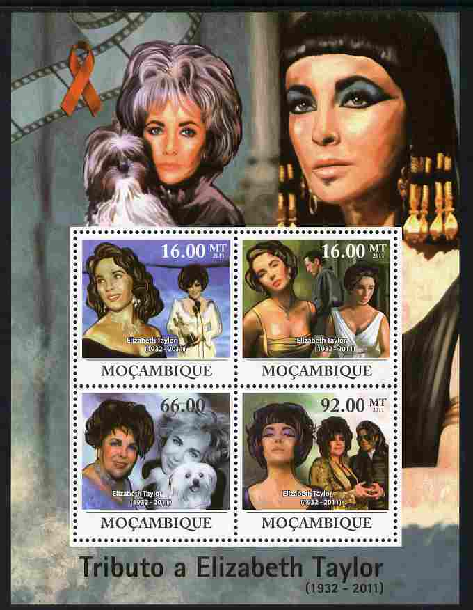 Mozambique 2011 Tribute to Elizabeth Taylor (actress) perf sheetlet containing 4 values unmounted mint, stamps on , stamps on  stamps on personalities, stamps on  stamps on films, stamps on  stamps on cinema, stamps on  stamps on movies, stamps on  stamps on dogs, stamps on  stamps on women