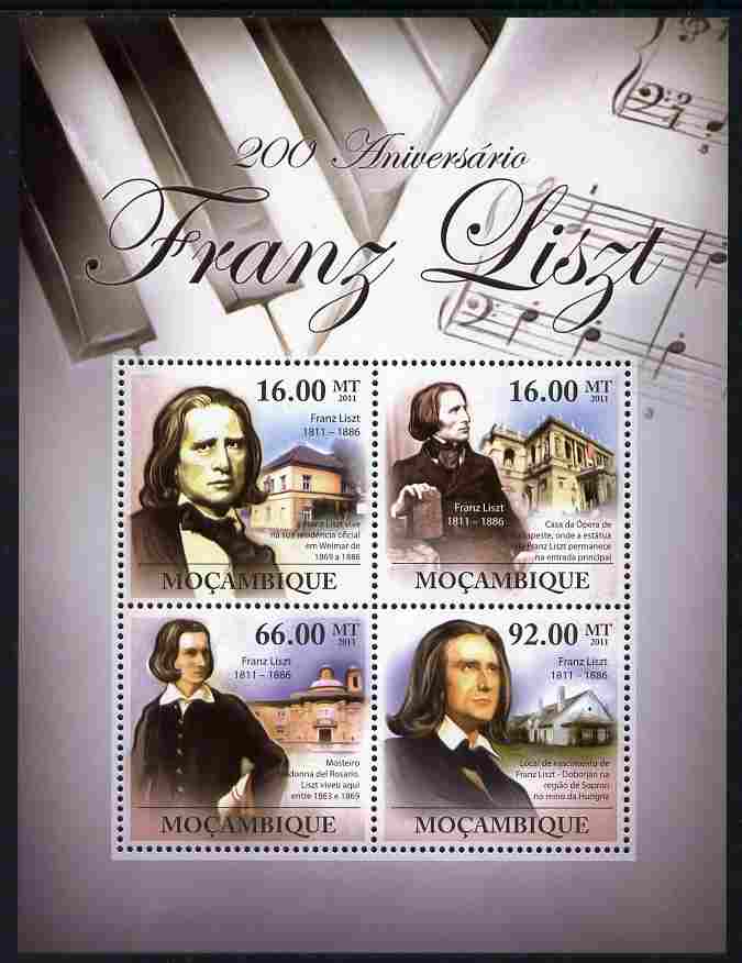 Mozambique 2011 200th Birth Anniversary of Franz Liszt perf sheetlet containing 4 values unmounted mint, stamps on personalities, stamps on music, stamps on composers, stamps on liszt