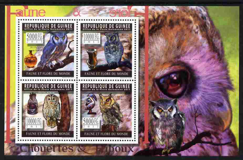 Guinea - Conakry 2011 Owls perf sheetlet containing 4 values unmounted mint, stamps on , stamps on  stamps on birds, stamps on  stamps on birds of prey, stamps on  stamps on owls