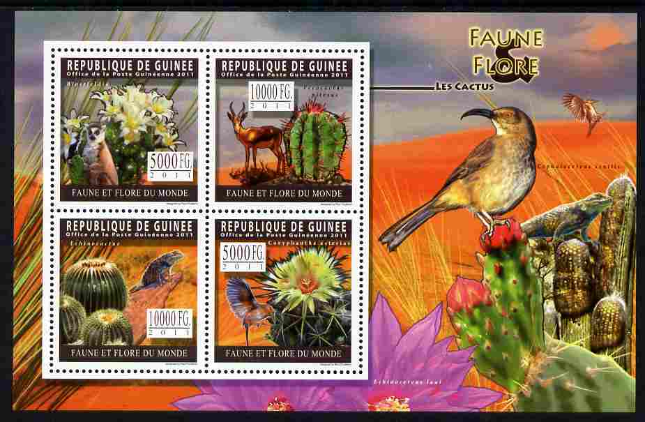 Guinea - Conakry 2011 Cactii perf sheetlet containing 4 values unmounted mint, stamps on , stamps on  stamps on plants, stamps on  stamps on cactus, stamps on  stamps on cactii, stamps on  stamps on birds, stamps on  stamps on animals