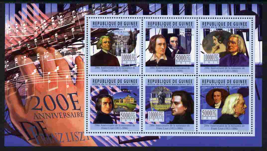 Guinea - Conakry 2011 200th Birth Anniversary of Franz Liszt perf sheetlet containing 6 values unmounted mint, stamps on personalities, stamps on music, stamps on composers, stamps on liszt