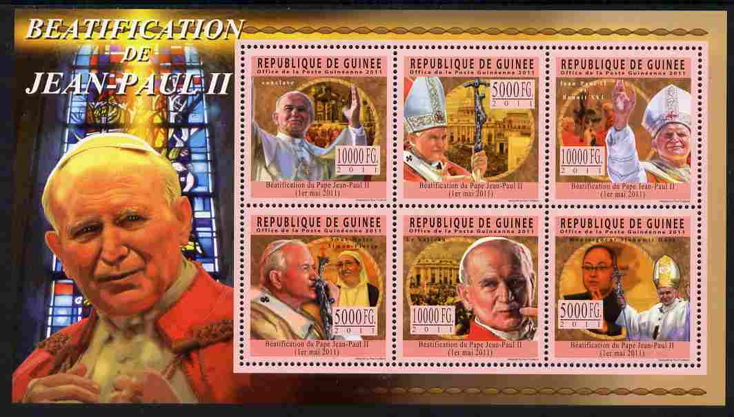 Guinea - Conakry 2011 Beatification of Pope John Paul II perf sheetlet containing 6 values unmounted mint, stamps on , stamps on  stamps on personalities, stamps on  stamps on pope, stamps on  stamps on popes, stamps on  stamps on religion