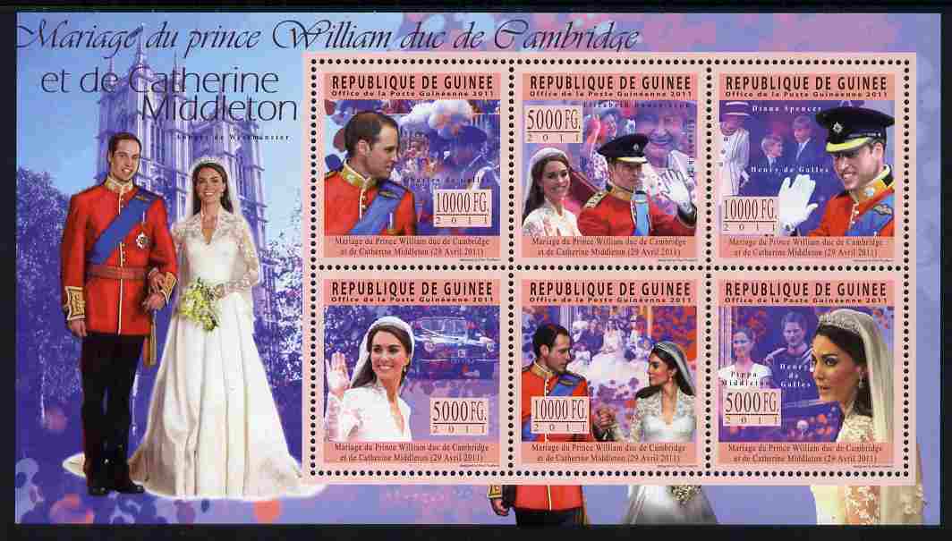 Guinea - Conakry 2011 Royal Wedding - William & Kate perf sheetlet containing 6 values unmounted mint, stamps on personalities, stamps on royalty, stamps on royal wedding, stamps on william, stamps on kate