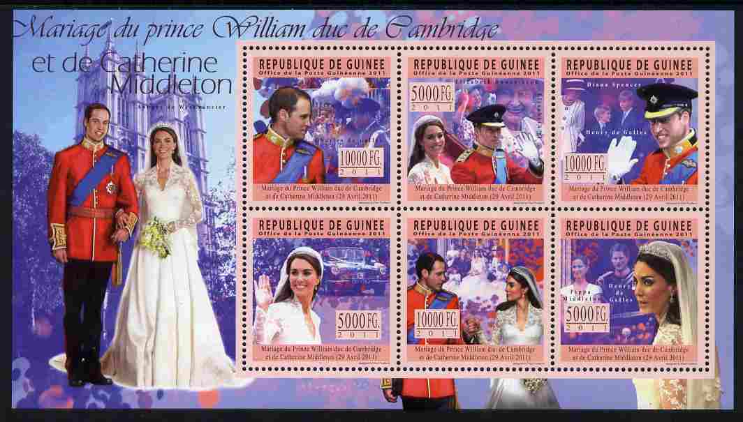 Guinea - Conakry 2011 Royal Wedding - William & Kate perf sheetlet containing 6 values unmounted mint, stamps on , stamps on  stamps on personalities, stamps on  stamps on royalty, stamps on  stamps on royal wedding, stamps on  stamps on william, stamps on  stamps on kate