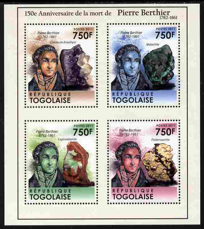 Togo 2011 150th Death Anniversary of Pierre Berthier perf sheetlet containing 4 values unmounted mint, stamps on personalities, stamps on mining, stamps on minerals