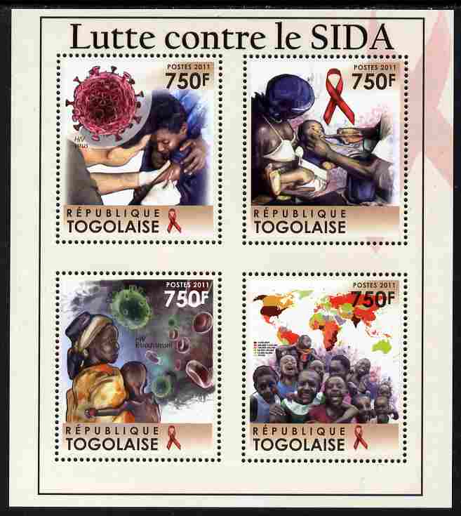 Togo 2011 Fight Against AIDS perf sheetlet containing 4 values unmounted mint, stamps on medical, stamps on diseases, stamps on aids, stamps on maps, stamps on nursing