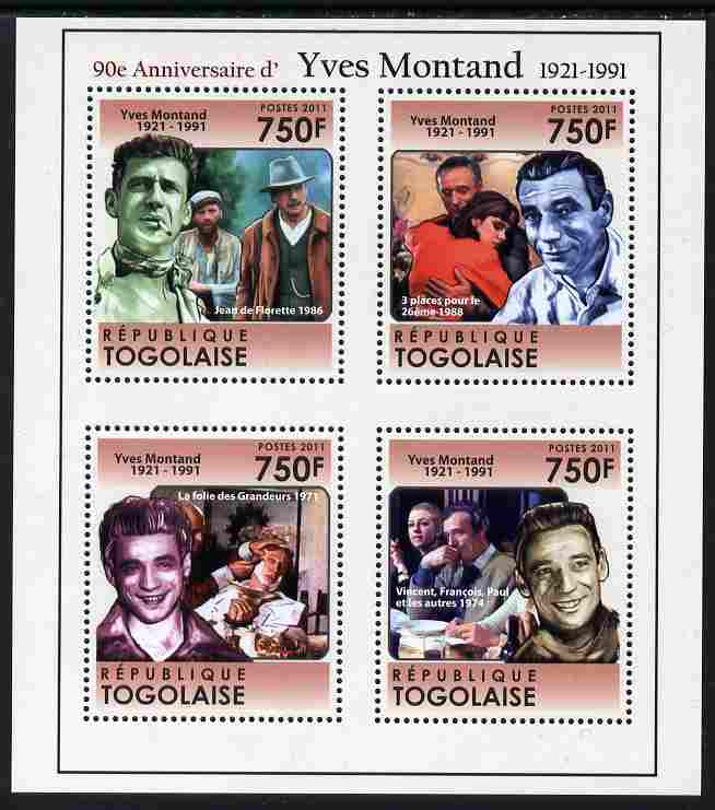Togo 2011 90th Birth Anniversary of Yves Montand perf sheetlet containing 4 values unmounted mint, stamps on personalities, stamps on films, stamps on cinema, stamps on movies, stamps on 