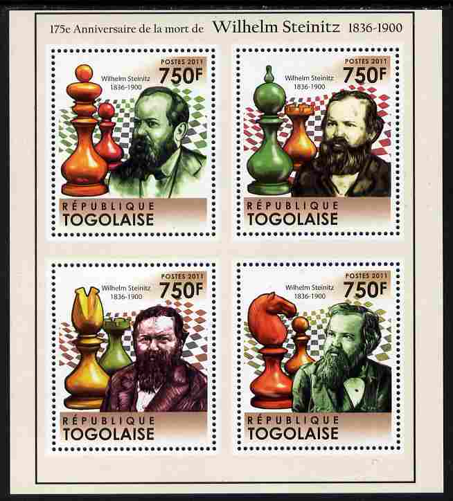 Togo 2011 175th Death Anniversary of Wilhelm Steinitz (chess) perf sheetlet containing 4 values unmounted mint, stamps on , stamps on  stamps on personalities, stamps on  stamps on chess