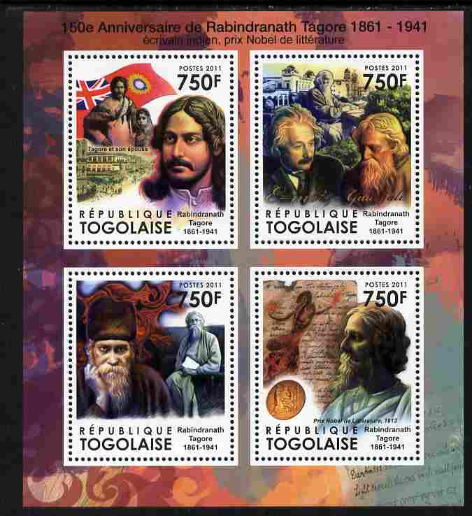 Togo 2011 150th Birth Anniversary of Rabindranath Tagore (literature) perf sheetlet containing 4 values unmounted mint, stamps on , stamps on  stamps on personalities, stamps on  stamps on literature, stamps on  stamps on tagore, stamps on  stamps on flags