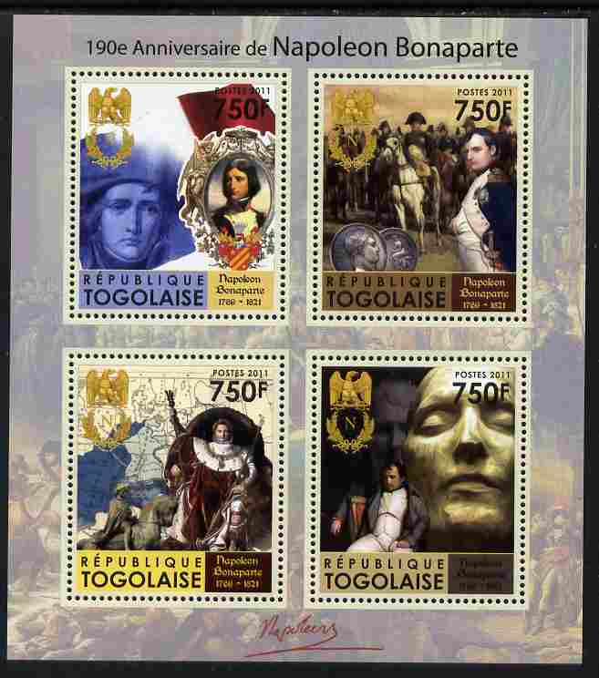 Togo 2011 190th Death Anniversary of Napoleon Bonaparte perf sheetlet containing 4 values unmounted mint, stamps on personalities, stamps on napoleon, stamps on horses  , stamps on dictators.