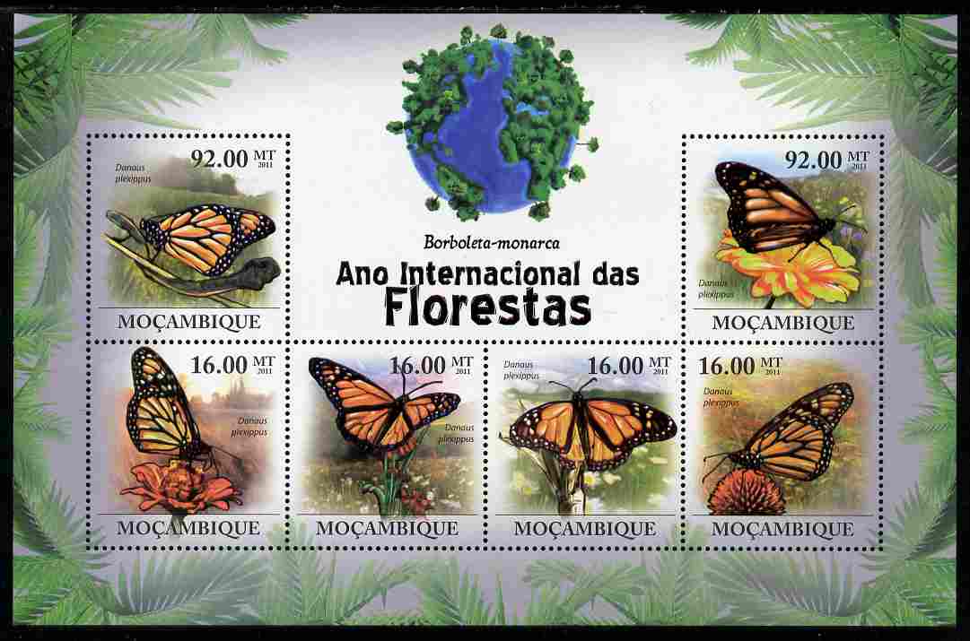 Mozambique 2011 International Year of the Forest - Butterflies perf sheetlet containing 6 values unmounted mint, stamps on butterflies