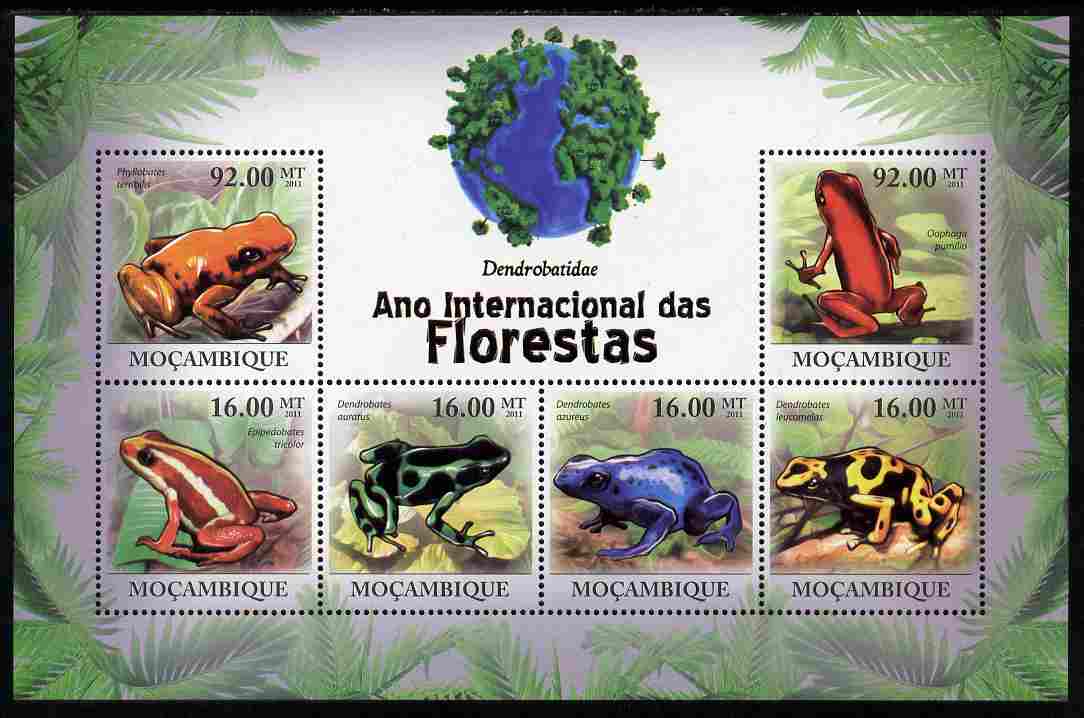 Mozambique 2011 International Year of the Forest - Poison Dart Frogs perf sheetlet containing 6 values unmounted mint, stamps on reptiles, stamps on frogs