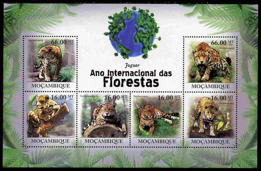 Mozambique 2011 International Year of the Forest - Jaguars perf sheetlet containing 6 values unmounted mint, stamps on animals, stamps on cats, stamps on jaguars